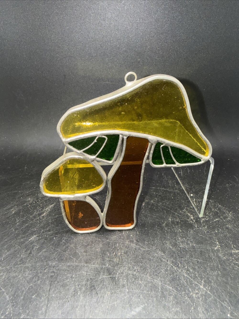 Stained Glass Mushroom Suncatcher Green Amber Hanging Window Decor